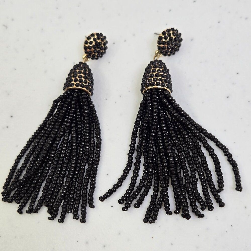 SUGARFIX by BaulbleBar Dangling Gold Tone Black Seed Bead Tassel Earrings Fringe